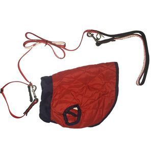 Sporn Red 6 Foot Dog Leash with Red and Navy Blue Quilted Dog Jacket Size Small